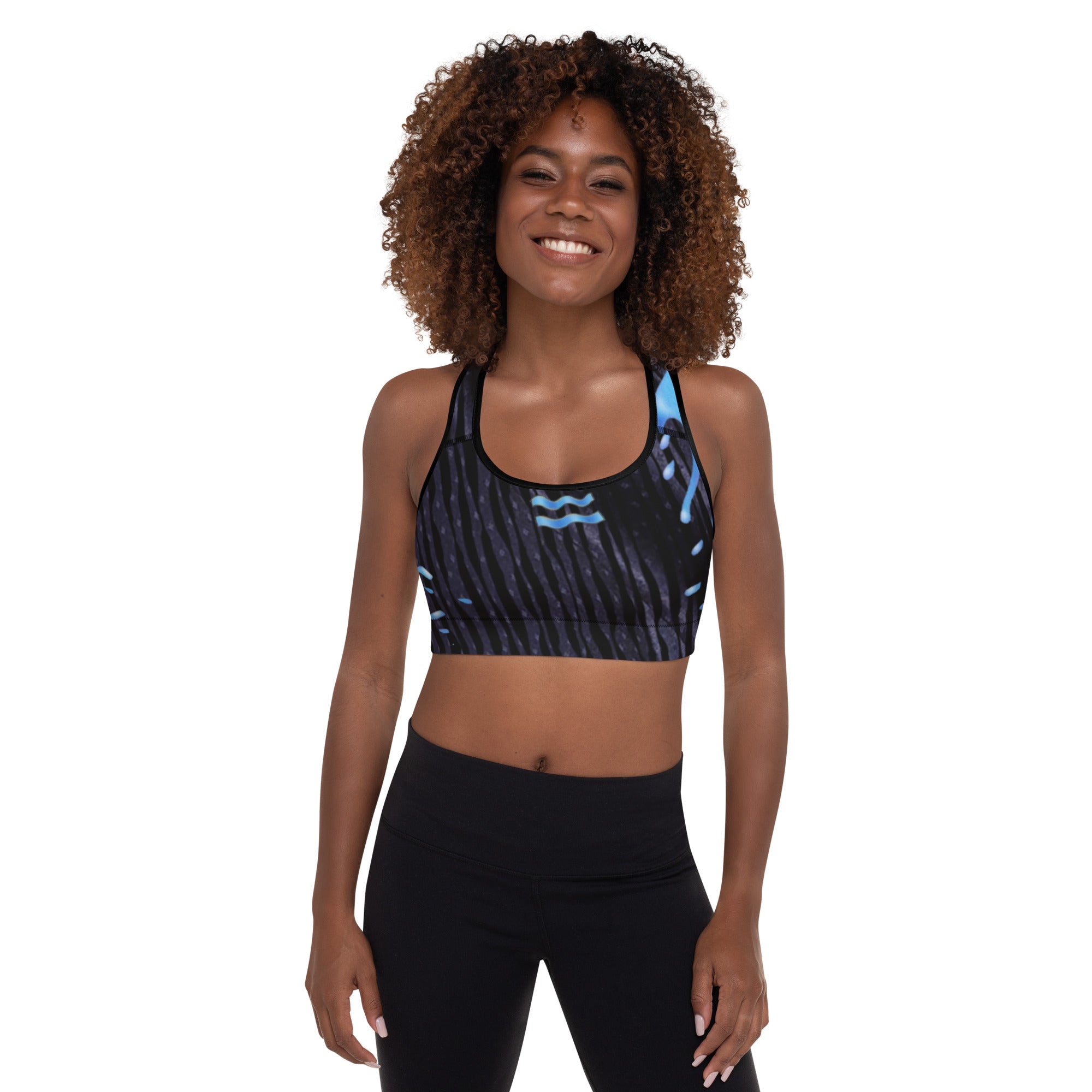 Black Sports Bra. Gym Top for Women. Workout Wear for Aquarians. "Cosmic Aqua" by WickedYo.